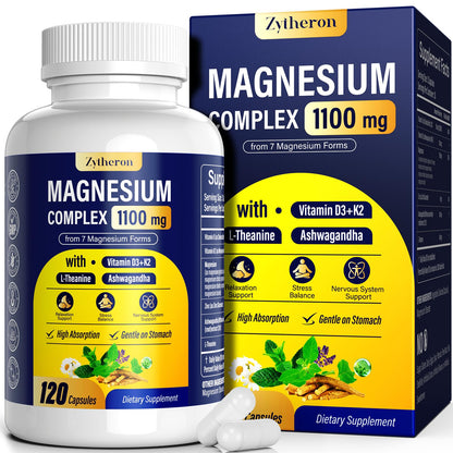 Magnesium Complex for Women & Men 1100mg, 7-in-1 Magnesium Supplement with Ashwagandha & L-Theanine for Calm & Sleep Support, High Absorption, Vegan 120 Capsules - dailyvitalstore