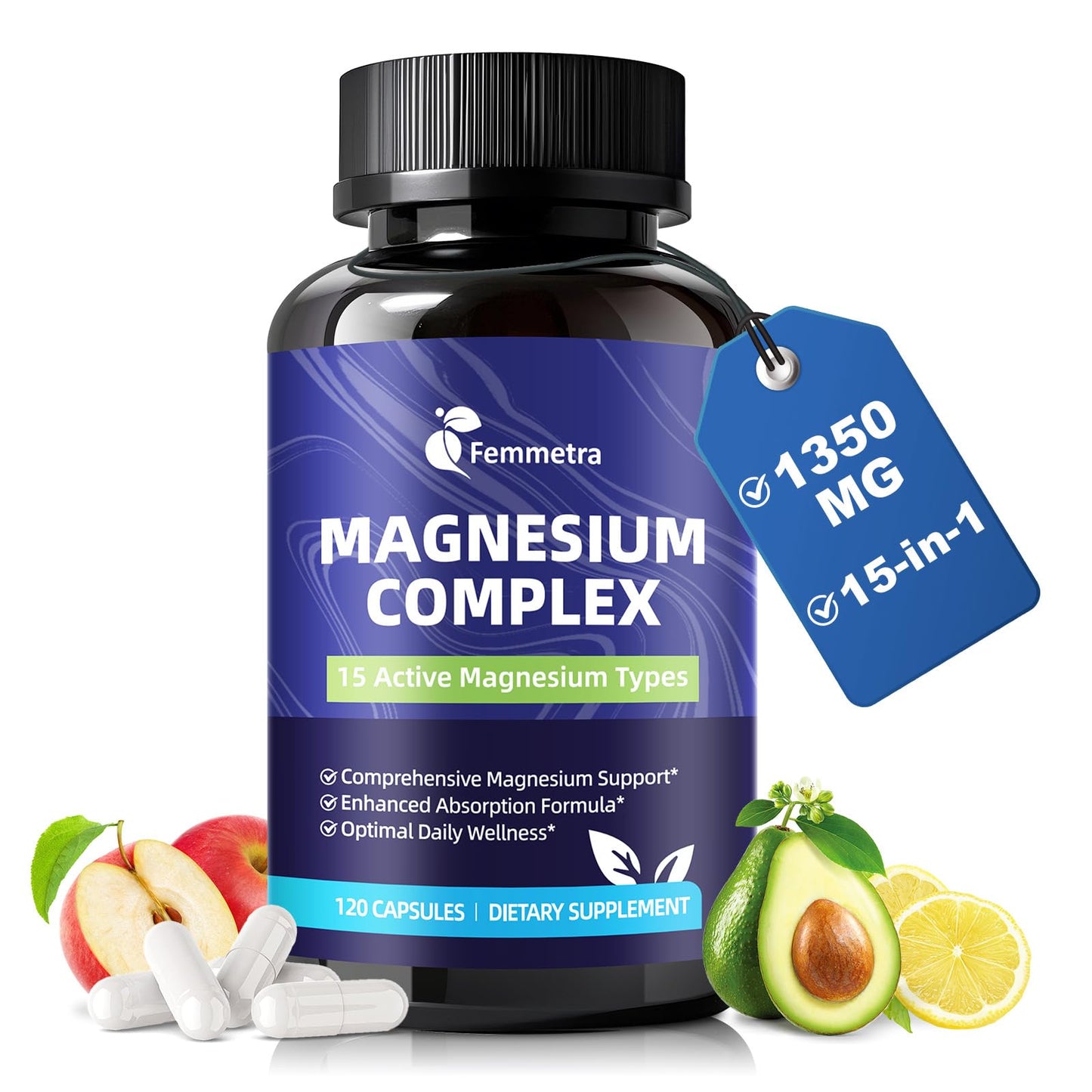 Magnesium Complex for Women Men 1350mg 15 in 1 Pure Magnesium Supplement, with High Absorption Chelated Magnesium Glycinate Citrate Malate & More for Muscle, Heart, Sleep & Bone Support, Vegan 60 Days - dailyvitalstore