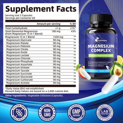 Magnesium Complex for Women Men 1350mg 15 in 1 Pure Magnesium Supplement, with High Absorption Chelated Magnesium Glycinate Citrate Malate & More for Muscle, Heart, Sleep & Bone Support, Vegan 60 Days - dailyvitalstore