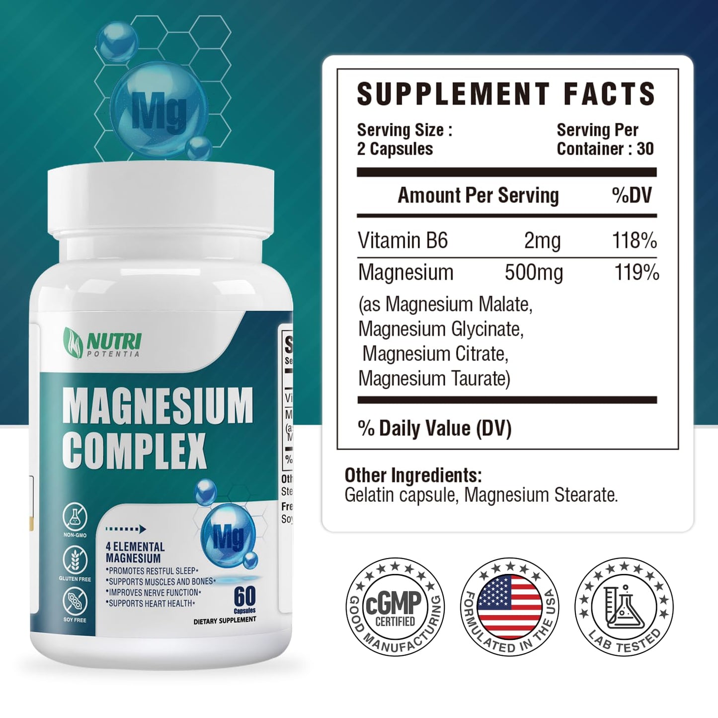 Magnesium Complex for Women&Men,With Glycinate Malate Citrate Taurate.Support for Sleep,Stress Relief,Cognitive Function,Magnesium Supplement 500mg,Third-Party Tested(Made & Tested in USA)-60 Capsules - dailyvitalstore
