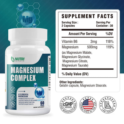 Magnesium Complex for Women&Men,With Glycinate Malate Citrate Taurate.Support for Sleep,Stress Relief,Cognitive Function,Magnesium Supplement 500mg,Third-Party Tested(Made & Tested in USA)-60 Capsules - dailyvitalstore