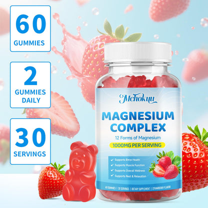 Magnesium Complex Gummies 1000mg | 12-in-1 Magnesium Complex Supplement with Glycinate, Citrate, Malate & Taurate Supports Muscle Function, Bone Health, Rest & Relaxation – Strawberry Flavor, 60 Count - dailyvitalstore