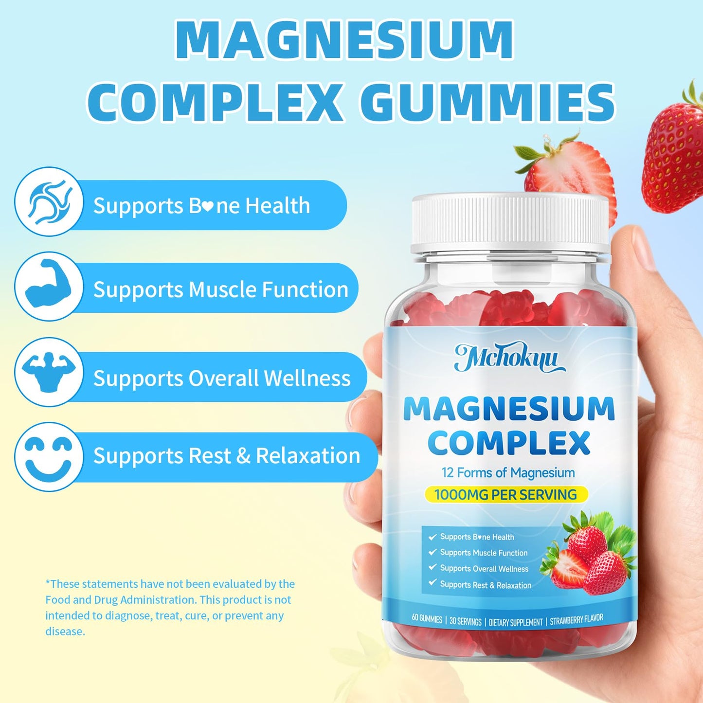 Magnesium Complex Gummies 1000mg | 12-in-1 Magnesium Complex Supplement with Glycinate, Citrate, Malate & Taurate Supports Muscle Function, Bone Health, Rest & Relaxation – Strawberry Flavor, 60 Count - dailyvitalstore