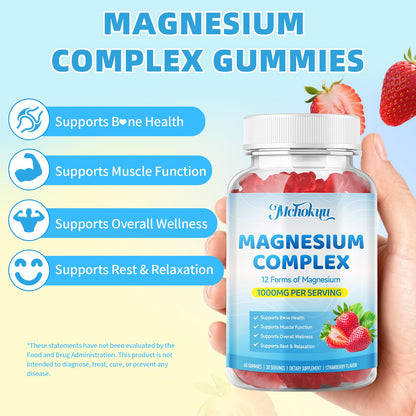 Magnesium Complex Gummies 1000mg | 12-in-1 Magnesium Complex Supplement with Glycinate, Citrate, Malate & Taurate Supports Muscle Function, Bone Health, Rest & Relaxation – Strawberry Flavor, 60 Count - dailyvitalstore