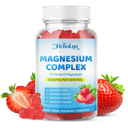 Magnesium Complex Gummies 1000mg | 12-in-1 Magnesium Complex Supplement with Glycinate, Citrate, Malate & Taurate Supports Muscle Function, Bone Health, Rest & Relaxation – Strawberry Flavor, 60 Count - dailyvitalstore