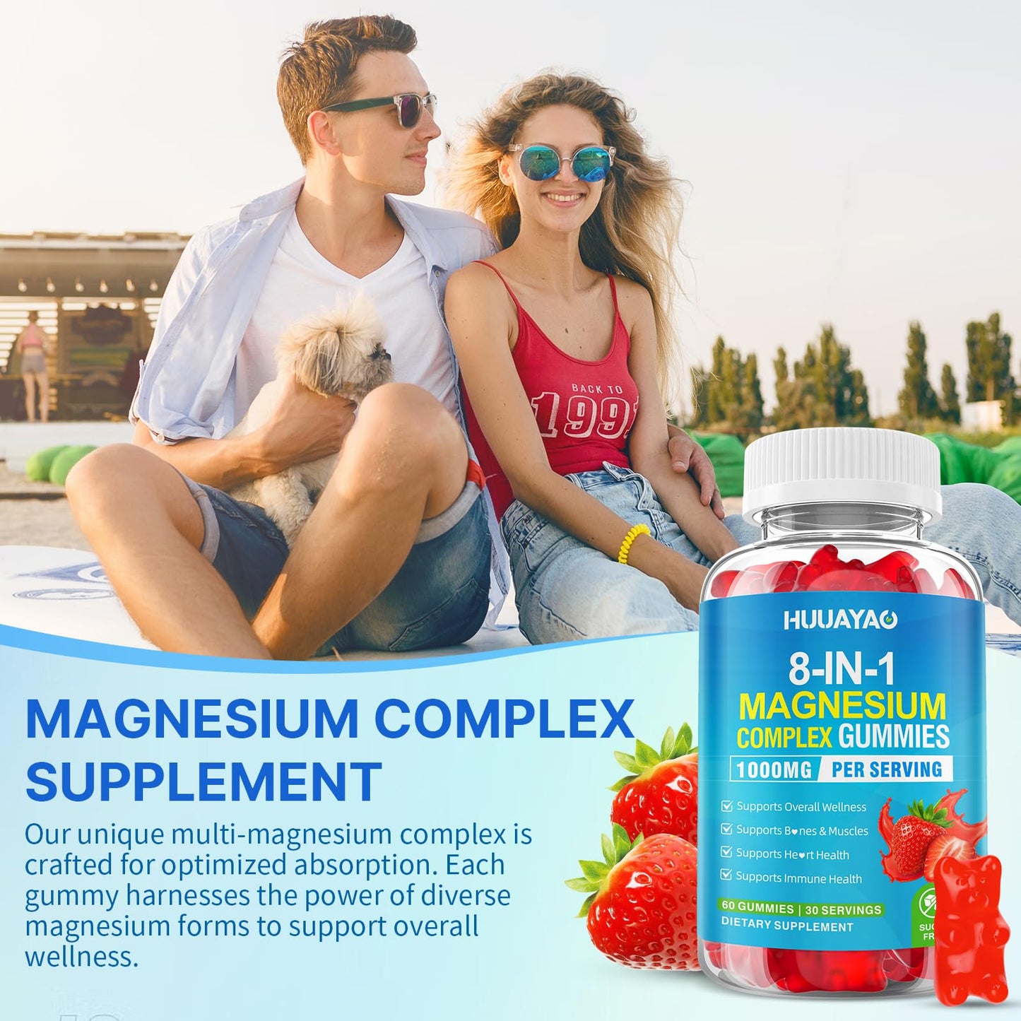 Magnesium Complex Gummies for Women Men 8 in 1, Magnesium Glycinate, Citrate, Malate, Taurate, Supports Bones, Muscle, Nerve Health, Sugar-Free, Vegan Non-GMO, Strawberry Flavor, 120 Count - dailyvitalstore