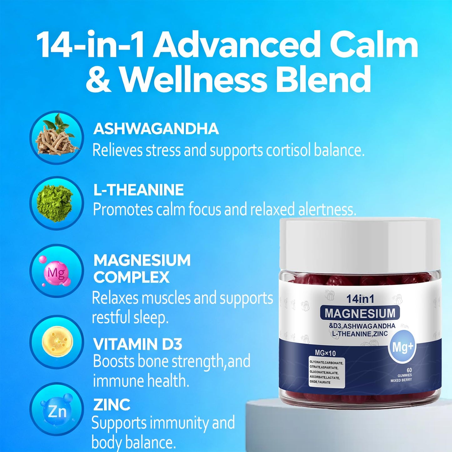 Magnesium Complex Gummies for Women & Men, Calm Magnesium Gummies for Women & Men, 14-in-1 with Ashwagandha, L-Theanine, Vitamin D3 & Zinc, 60 Count (1) - dailyvitalstore