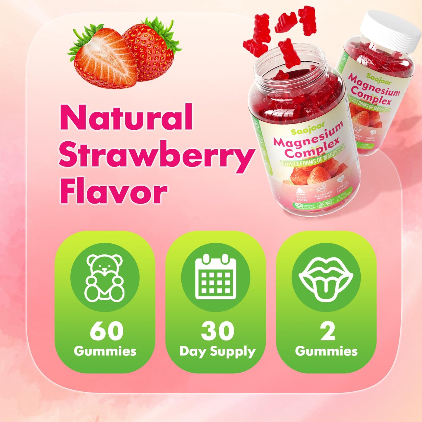 Magnesium Complex Gummies – with 12 Forms of Magnesium (Citrate, Glycinate, Malate, Oxide, and More) Plus Vitamins B6, B12, and C. for Women and Men – Strawberry Flavor, 60 Count - dailyvitalstore