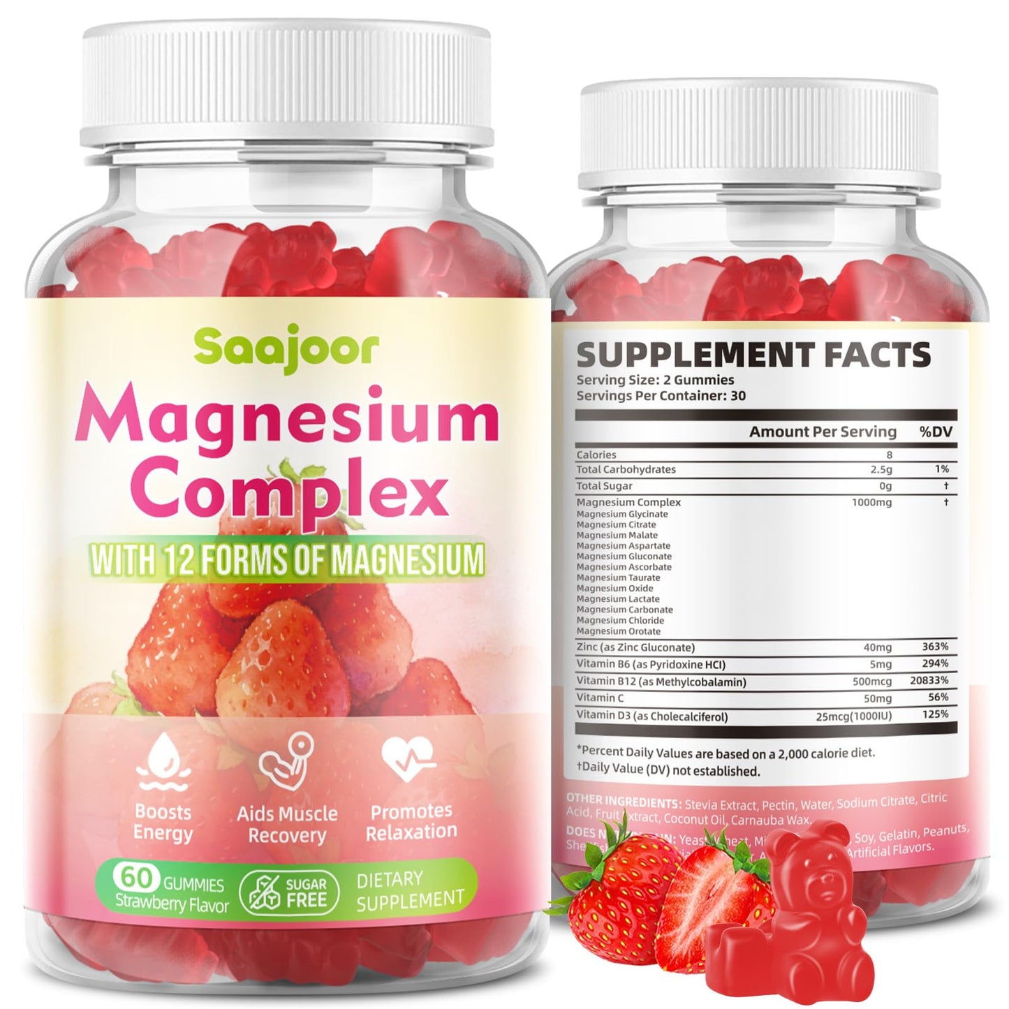 Magnesium Complex Gummies – with 12 Forms of Magnesium (Citrate, Glycinate, Malate, Oxide, and More) Plus Vitamins B6, B12, and C. for Women and Men – Strawberry Flavor, 60 Count - dailyvitalstore
