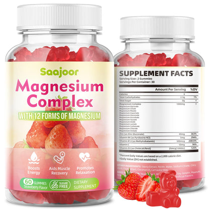 Magnesium Complex Gummies – with 12 Forms of Magnesium (Citrate, Glycinate, Malate, Oxide, and More) Plus Vitamins B6, B12, and C. for Women and Men – Strawberry Flavor, 60 Count - dailyvitalstore