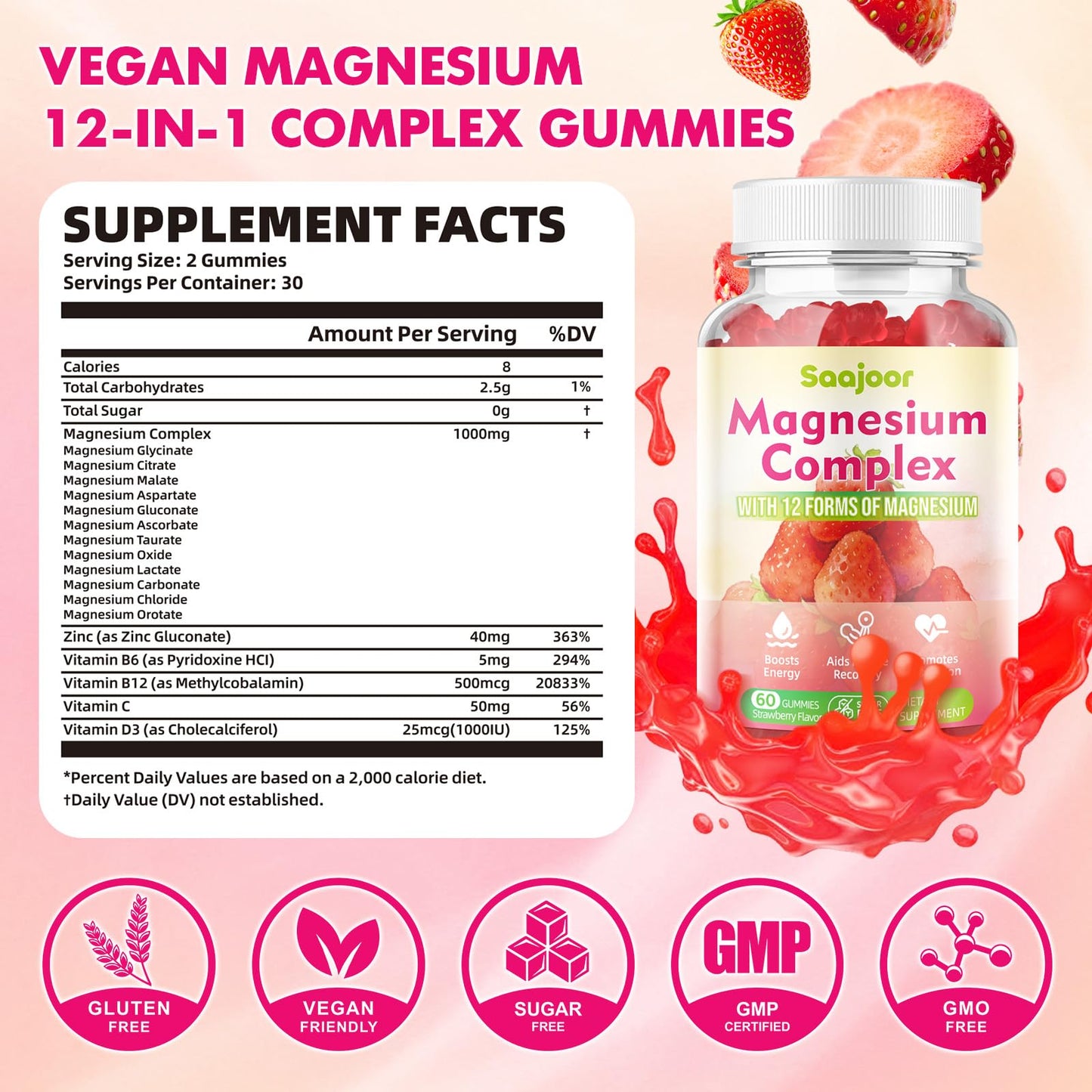 Magnesium Complex Gummies – with 12 Forms of Magnesium (Citrate, Glycinate, Malate, Oxide, and More) Plus Vitamins B6, B12, and C. for Women and Men – Strawberry Flavor, 60 Count - dailyvitalstore