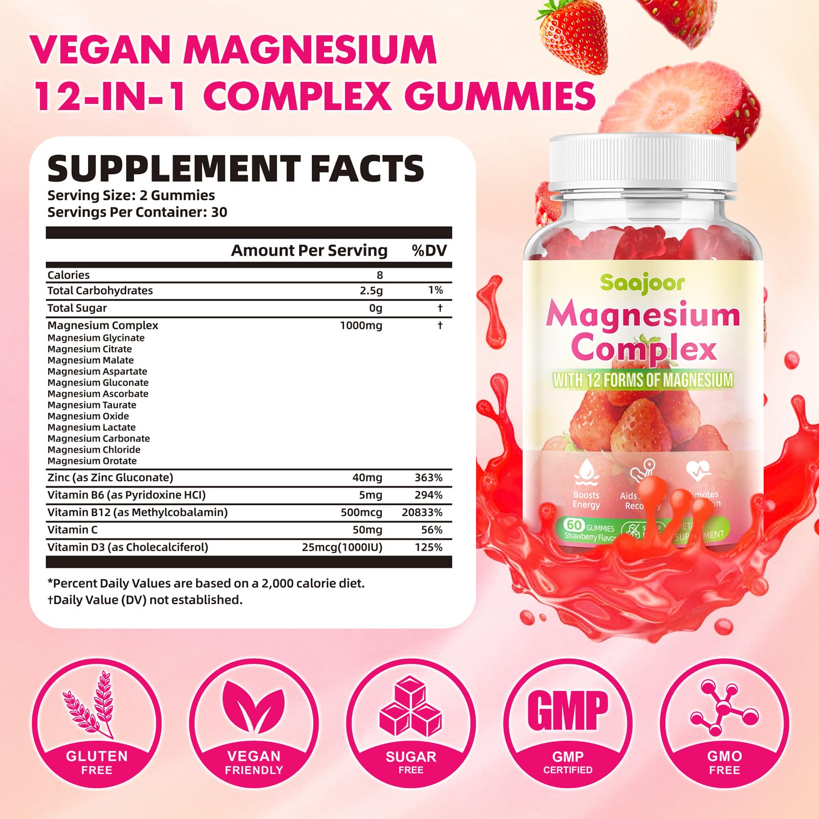Magnesium Complex Gummies – with 12 Forms of Magnesium (Citrate, Glycinate, Malate, Oxide, and More) Plus Vitamins B6, B12, and C. for Women and Men – Strawberry Flavor, 60 Count - dailyvitalstore
