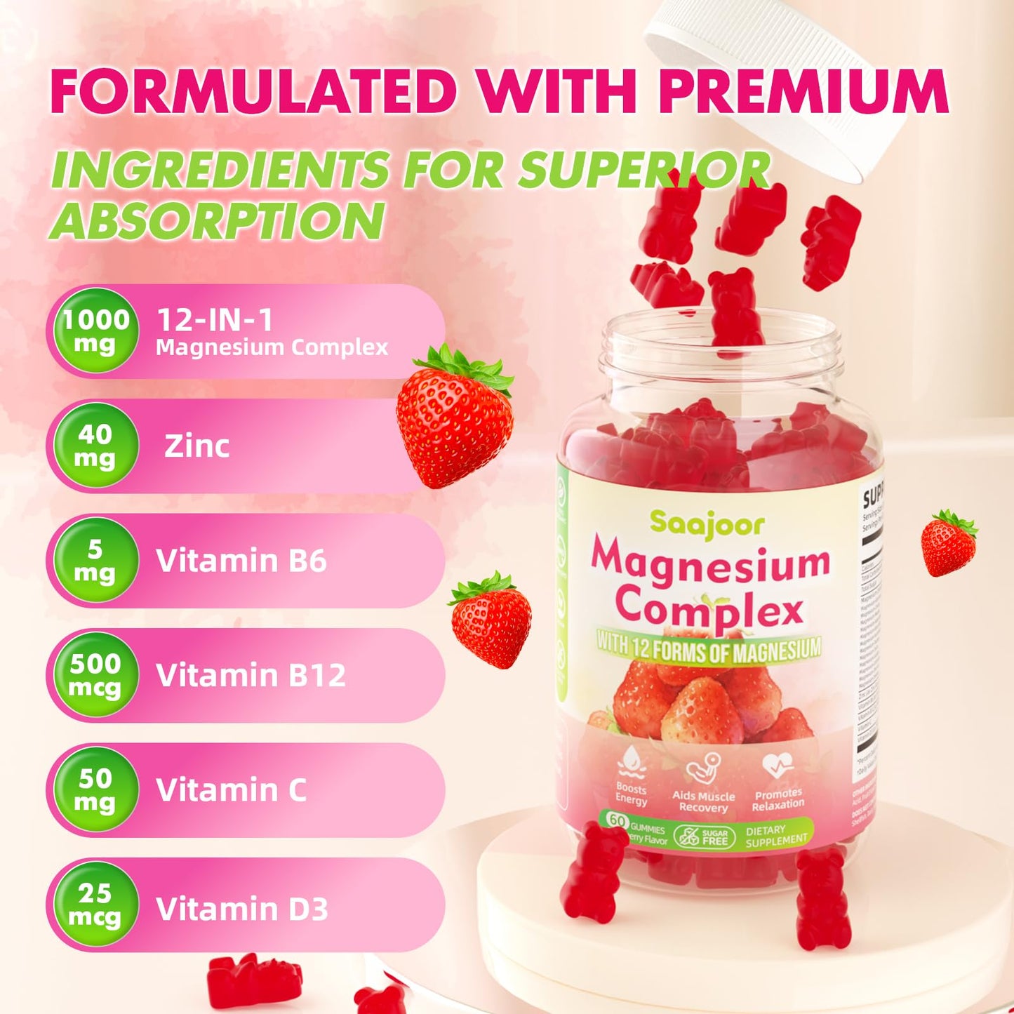 Magnesium Complex Gummies – with 12 Forms of Magnesium (Citrate, Glycinate, Malate, Oxide, and More) Plus Vitamins B6, B12, and C. for Women and Men – Strawberry Flavor, 60 Count - dailyvitalstore
