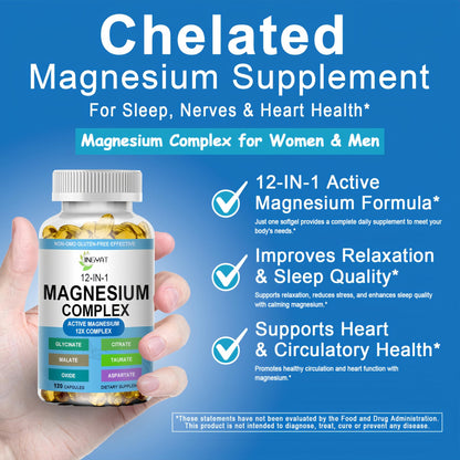 Magnesium Complex Softgels - 12-in-1 Magnesium Supplement with Glycinate,Citrate,Malate,Oxide,Taurate - High Absorption Magnesium Complex for Women & Men for Muscle, Heart, Sleep, Bone, Nerve Support - dailyvitalstore