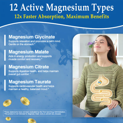 Magnesium Complex Softgels - 12-in-1 Magnesium Supplement with Glycinate,Citrate,Malate,Oxide,Taurate - High Absorption Magnesium Complex for Women & Men for Muscle, Heart, Sleep, Bone, Nerve Support - dailyvitalstore
