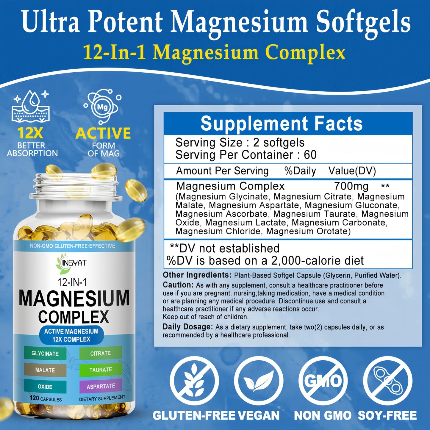 Magnesium Complex Softgels - 12-in-1 Magnesium Supplement with Glycinate,Citrate,Malate,Oxide,Taurate - High Absorption Magnesium Complex for Women & Men for Muscle, Heart, Sleep, Bone, Nerve Support - dailyvitalstore