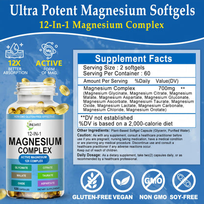 Magnesium Complex Softgels - 12-in-1 Magnesium Supplement with Glycinate,Citrate,Malate,Oxide,Taurate - High Absorption Magnesium Complex for Women & Men for Muscle, Heart, Sleep, Bone, Nerve Support - dailyvitalstore