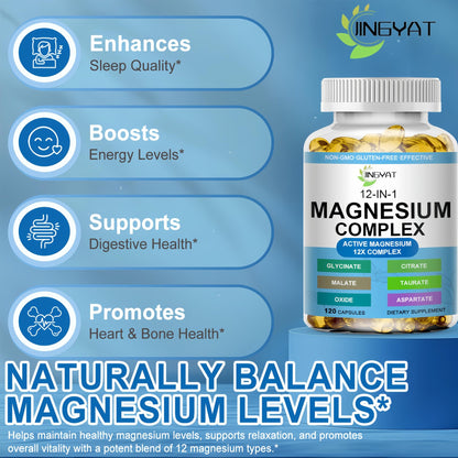 Magnesium Complex Softgels - 12-in-1 Magnesium Supplement with Glycinate,Citrate,Malate,Oxide,Taurate - High Absorption Magnesium Complex for Women & Men for Muscle, Heart, Sleep, Bone, Nerve Support - dailyvitalstore