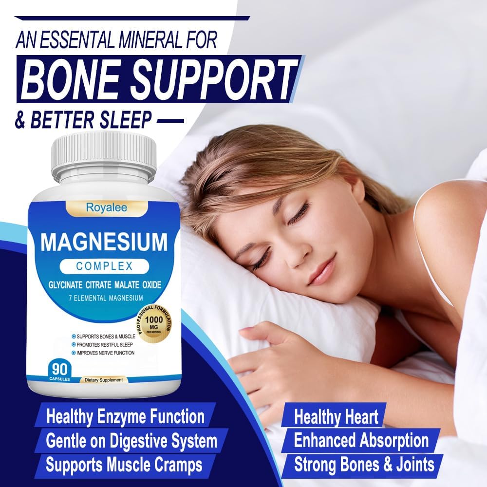 Magnesium Complex Supplement - 1000mg with 7 Magnesium Forms Including Glycinate, Citrate, Malate, Taurate & Orotate - Supports Relaxation, Muscle Function & Bone Strength - 90 Capsules - dailyvitalstore