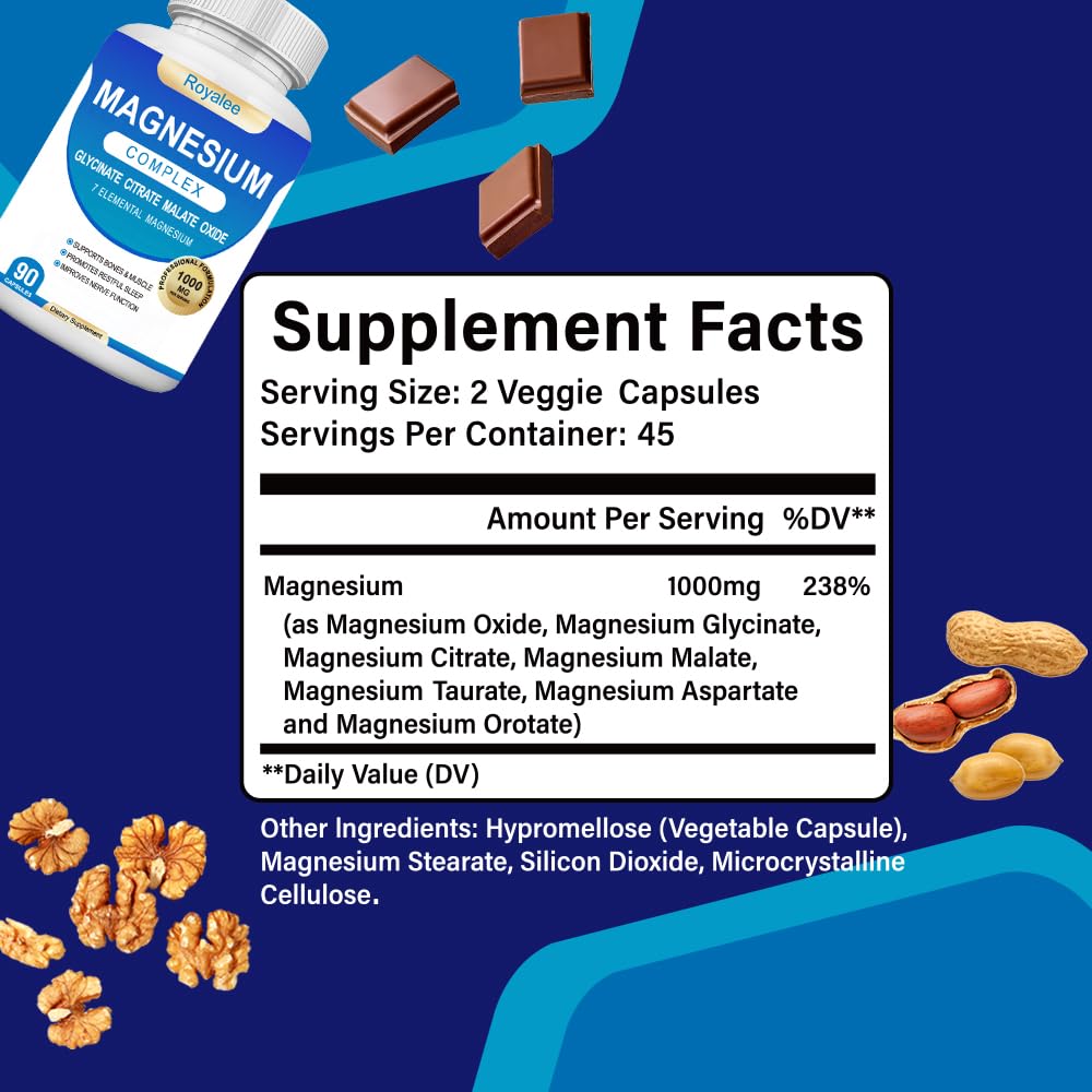Magnesium Complex Supplement - 1000mg with 7 Magnesium Forms Including Glycinate, Citrate, Malate, Taurate & Orotate - Supports Relaxation, Muscle Function & Bone Strength - 90 Capsules - dailyvitalstore