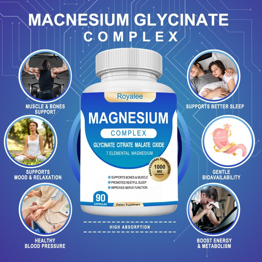 Magnesium Complex Supplement - 1000mg with 7 Magnesium Forms Including Glycinate, Citrate, Malate, Taurate & Orotate - Supports Relaxation, Muscle Function & Bone Strength - 90 Capsules - dailyvitalstore