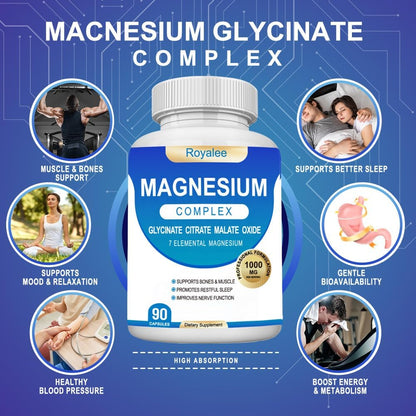 Magnesium Complex Supplement - 1000mg with 7 Magnesium Forms Including Glycinate, Citrate, Malate, Taurate & Orotate - Supports Relaxation, Muscle Function & Bone Strength - 90 Capsules - dailyvitalstore
