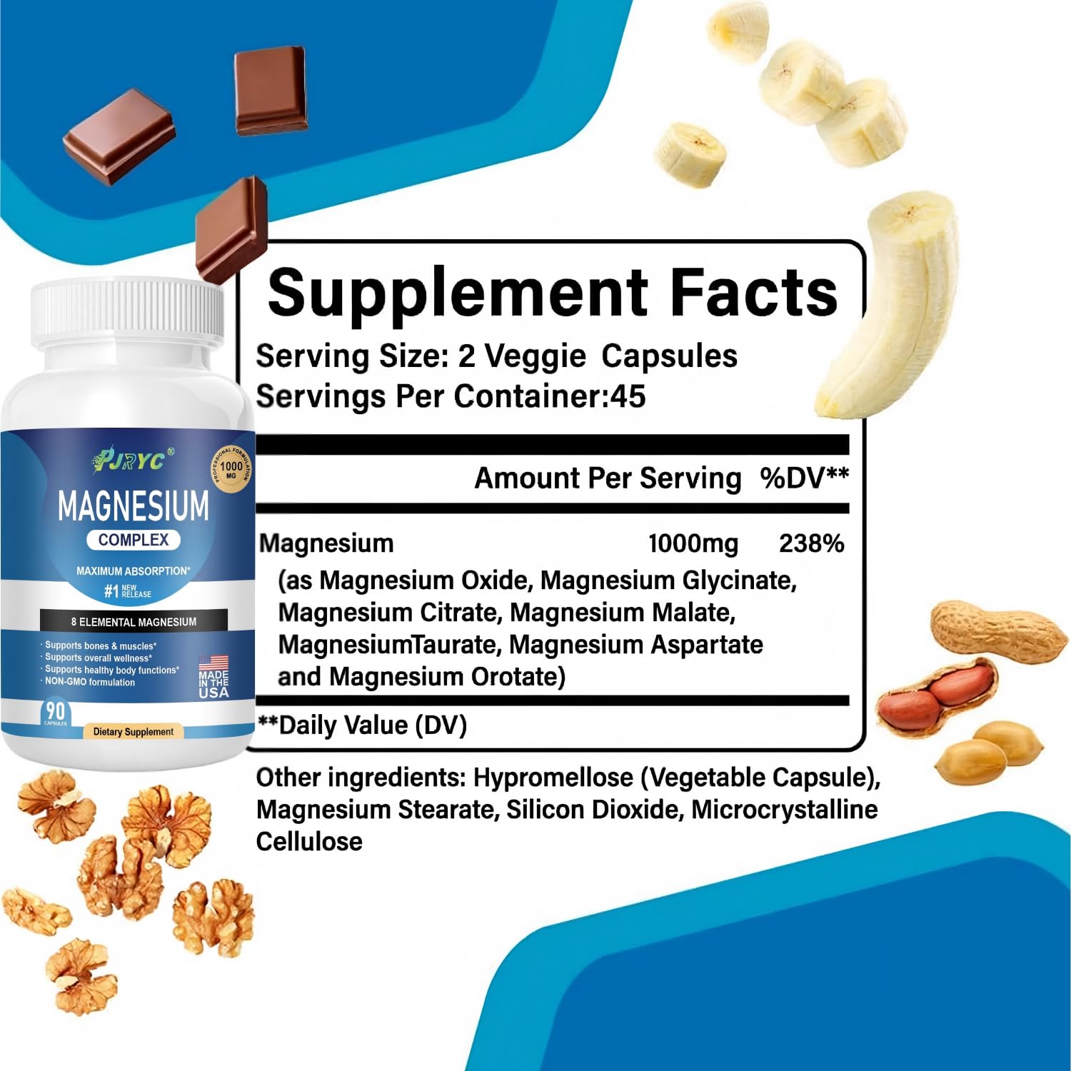 Magnesium Complex Supplement - 1000mg with 8 Magnesium Forms: Glycinate, Citrate, Malate, Taurate & Orotate - Supports Muscle Function, Bone Strength & Relaxation - Vegan, Non-GMO - 180 Capsules - dailyvitalstore