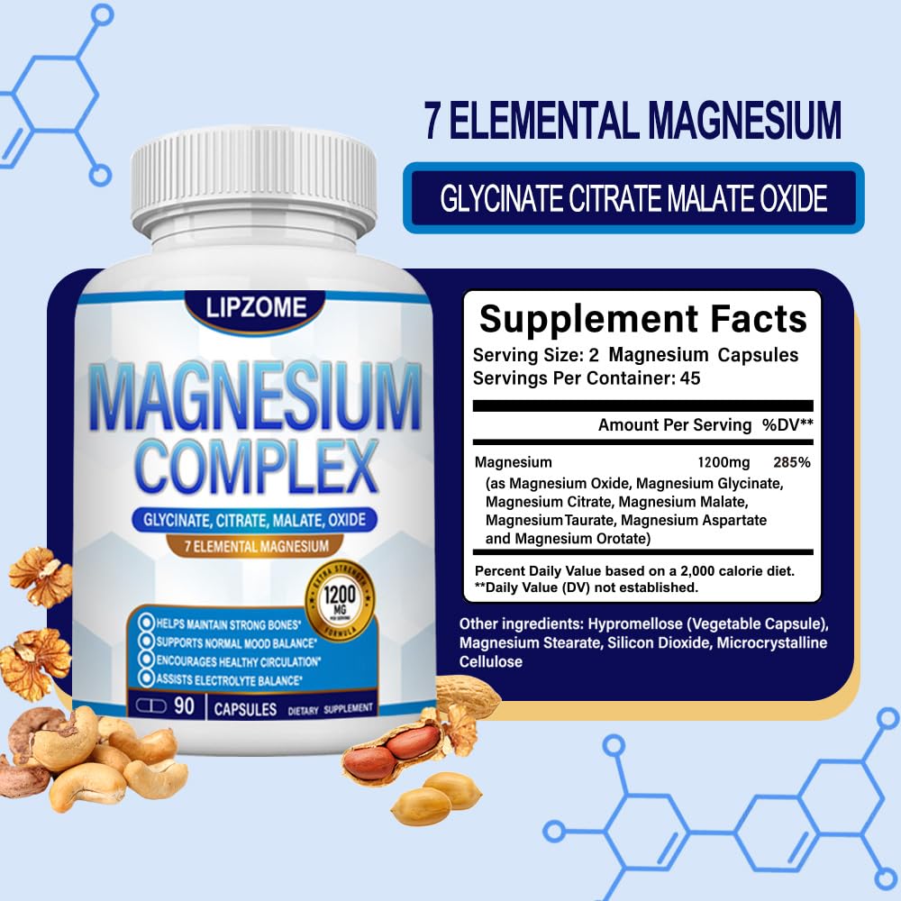 Magnesium Complex Supplement 1200mg - Advanced 7-in-1 Magnesium Blend - Glycinate, Citrate, Malate, Taurate, Oxide, Aspartate, Orotate – High Absorption Formula – Non-GMO, 90 Capsules - dailyvitalstore