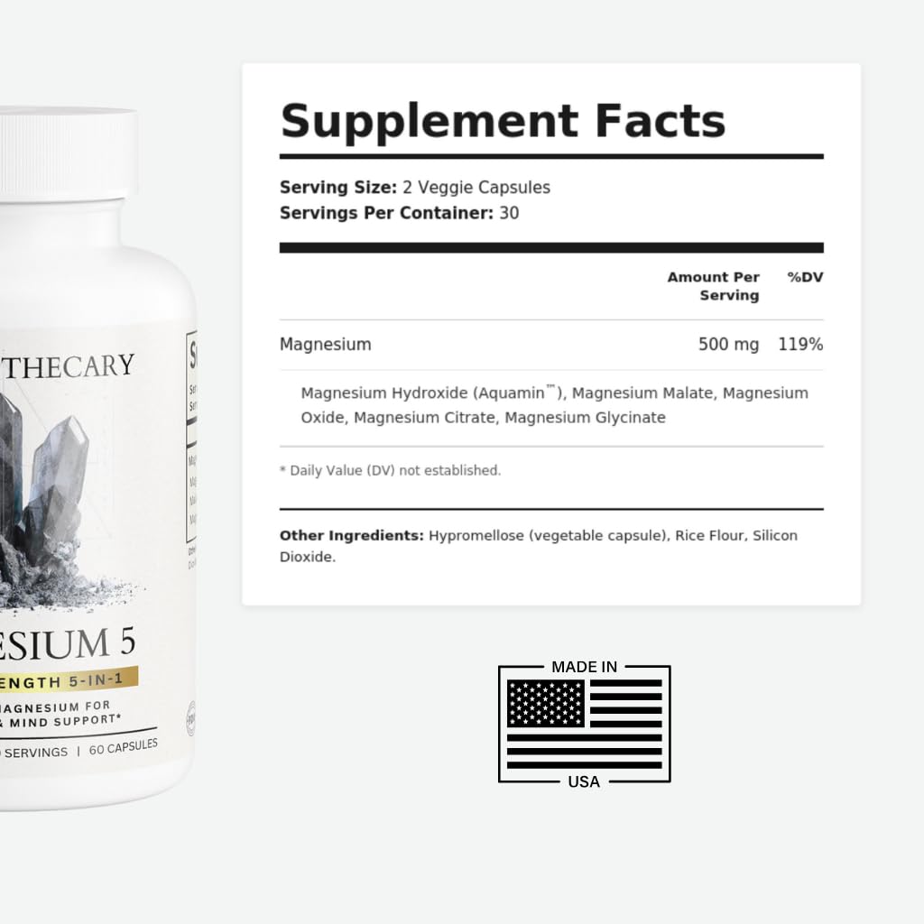 Magnesium Complex Supplement - 5 Forms Citrate Glycinate Malate Oxide Aquamin - Multi Magnesium Blend - High Absorption Chelated - Essential Mineral - Non-GMO Gluten-Free - 60 Capsules - dailyvitalstore