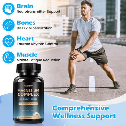 Magnesium Complex Supplement 600mg with with D3 K2 MK7 & B Vitamins High Absorption Capsules with Glycinate, Citrate & Malate,Taurate Relaxation,Muscle,Heart Support, Vegan 120 Capsules - dailyvitalstore