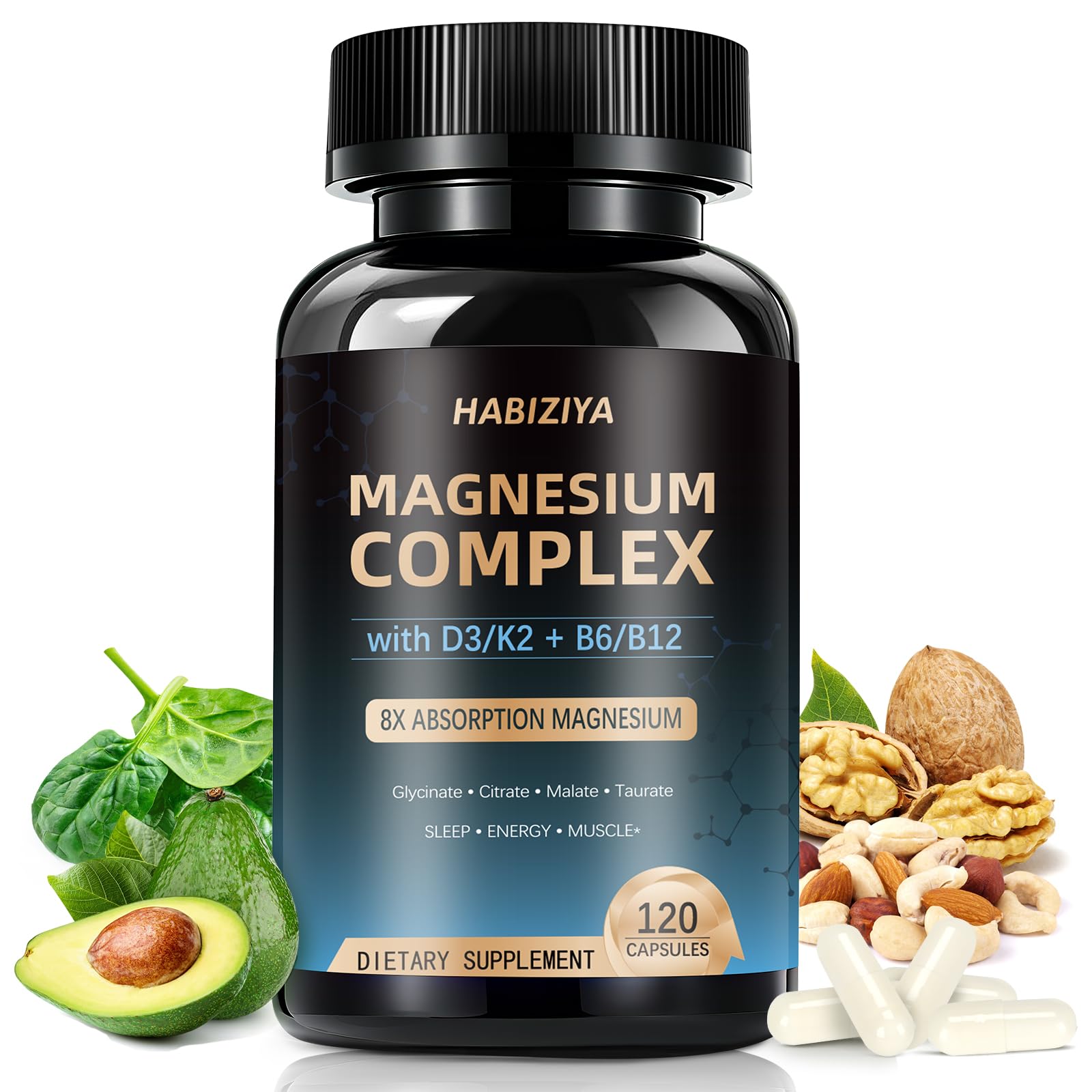 Magnesium Complex Supplement 600mg with with D3 K2 MK7 & B Vitamins High Absorption Capsules with Glycinate, Citrate & Malate,Taurate Relaxation,Muscle,Heart Support, Vegan 120 Capsules - dailyvitalstore