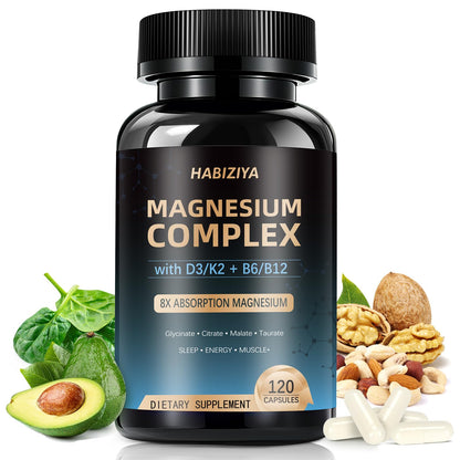 Magnesium Complex Supplement 600mg with with D3 K2 MK7 & B Vitamins High Absorption Capsules with Glycinate, Citrate & Malate,Taurate Relaxation,Muscle,Heart Support, Vegan 120 Capsules - dailyvitalstore
