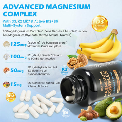 Magnesium Complex Supplement 600mg with with D3 K2 MK7 & B Vitamins High Absorption Capsules with Glycinate, Citrate & Malate,Taurate Relaxation,Muscle,Heart Support, Vegan 120 Capsules - dailyvitalstore