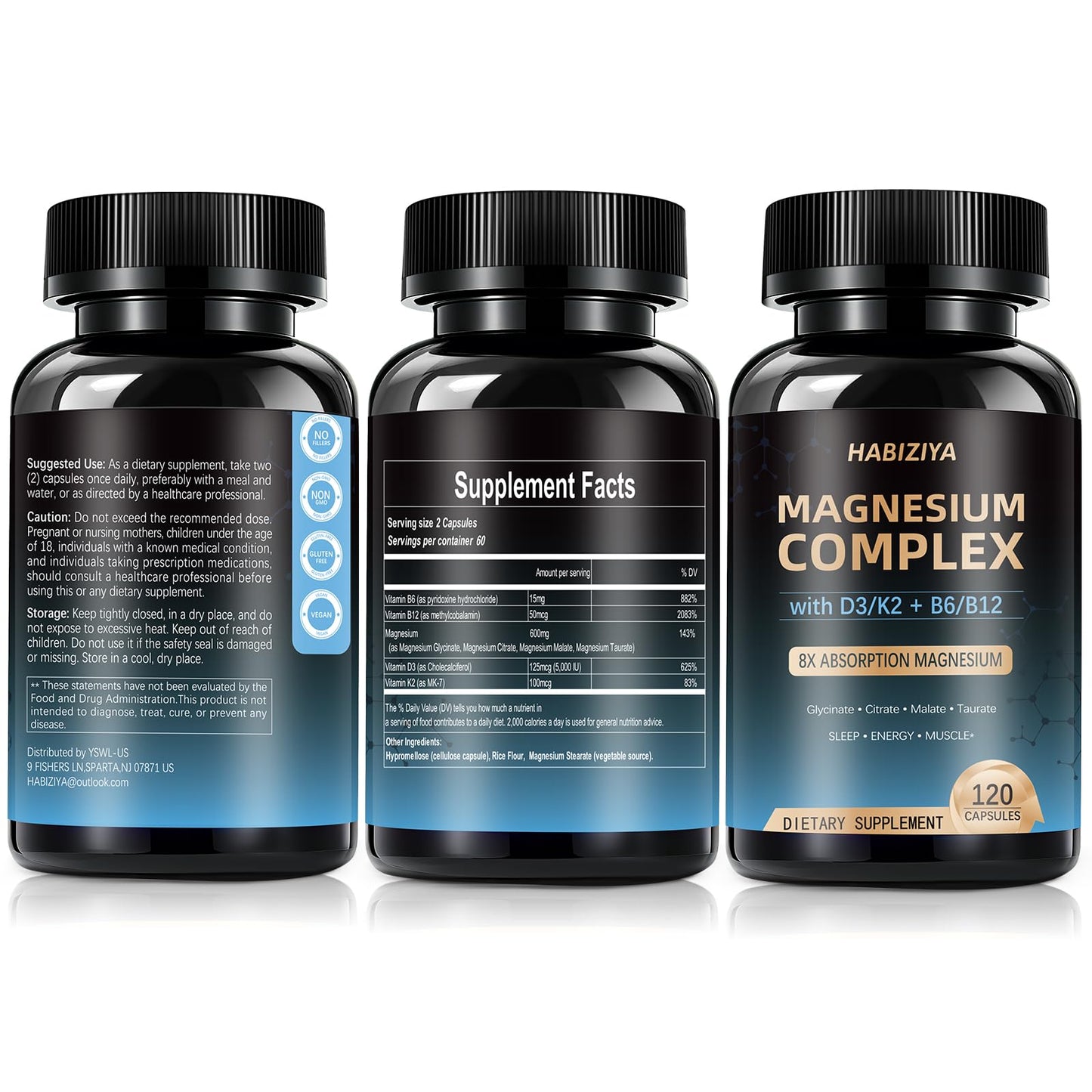 Magnesium Complex Supplement 600mg with with D3 K2 MK7 & B Vitamins High Absorption Capsules with Glycinate, Citrate & Malate,Taurate Relaxation,Muscle,Heart Support, Vegan 120 Capsules - dailyvitalstore