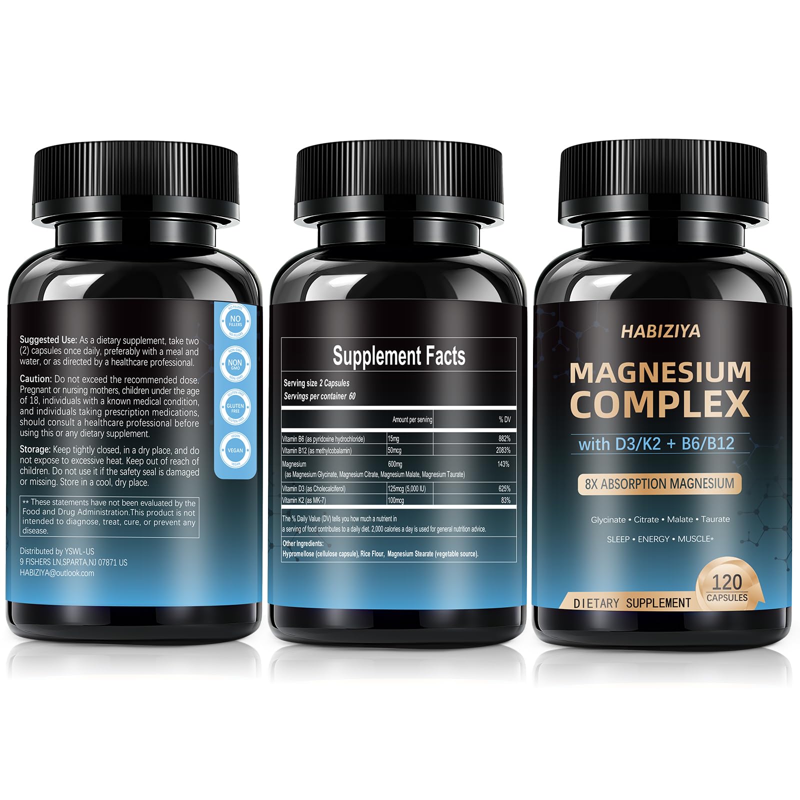 Magnesium Complex Supplement 600mg with with D3 K2 MK7 & B Vitamins High Absorption Capsules with Glycinate, Citrate & Malate,Taurate Relaxation,Muscle,Heart Support, Vegan 120 Capsules - dailyvitalstore