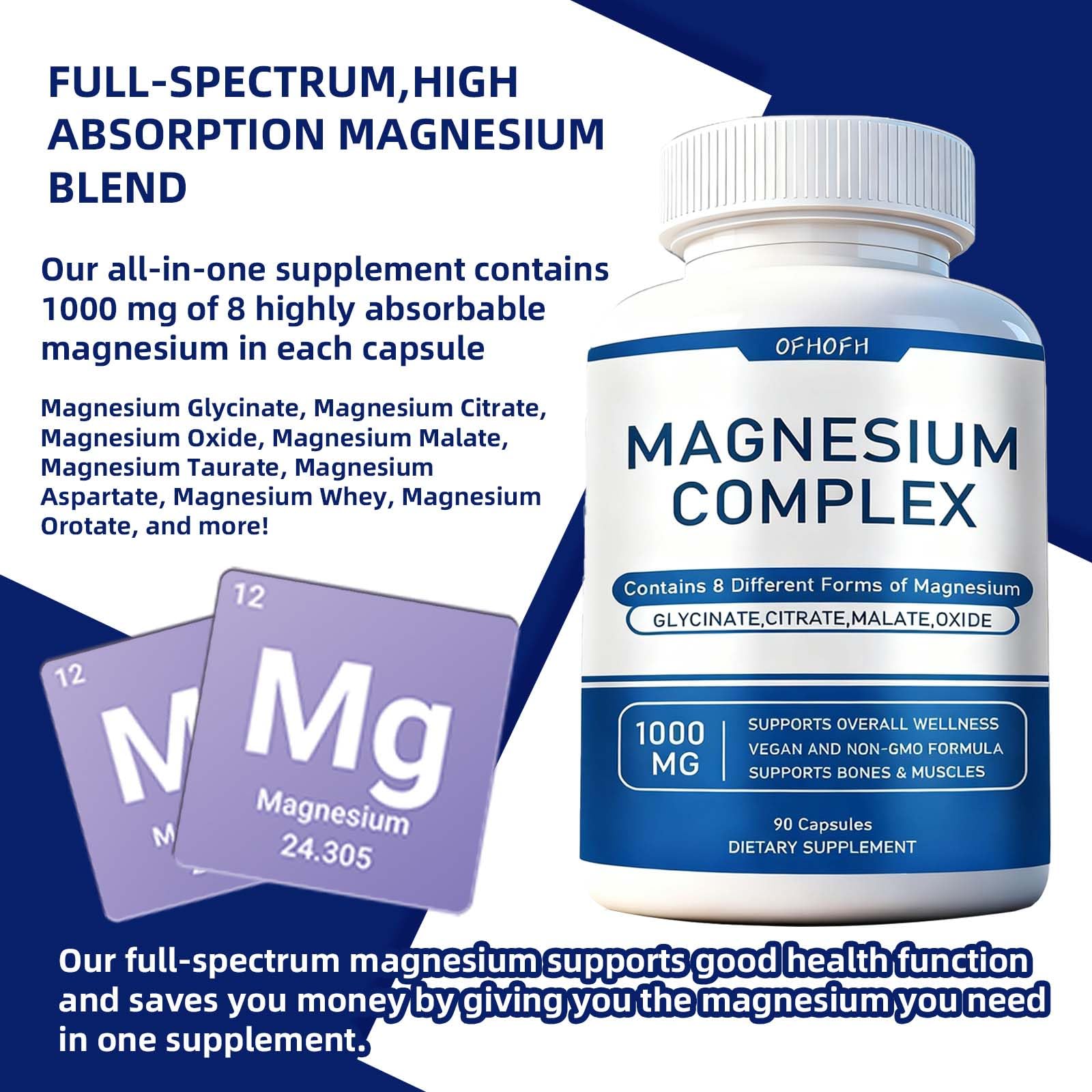 Magnesium Complex Supplement 8 Elemental - Magnesium Glycinate, Citrate, Malate, Oxide | Easy Absorption for Bones, Muscle, Energy, Vegan, Non-GMO 90 Capsules (1pc) - dailyvitalstore
