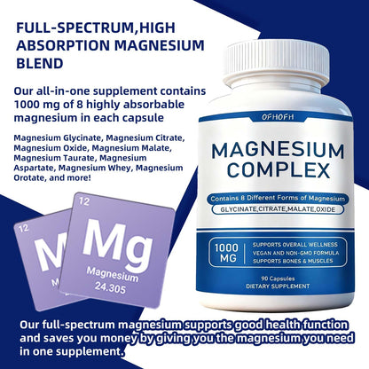 Magnesium Complex Supplement 8 Elemental - Magnesium Glycinate, Citrate, Malate, Oxide | Easy Absorption for Bones, Muscle, Energy, Vegan, Non-GMO 90 Capsules (1pc) - dailyvitalstore