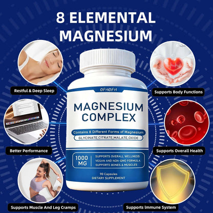 Magnesium Complex Supplement 8 Elemental - Magnesium Glycinate, Citrate, Malate, Oxide | Easy Absorption for Bones, Muscle, Energy, Vegan, Non-GMO 90 Capsules (1pc) - dailyvitalstore