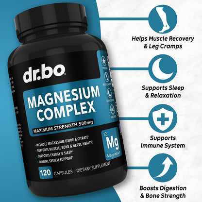 Magnesium Complex Supplement Capsules 500mg - Support Energy, Relaxation, Leg Cramps & Legs - Help Aid Muscle Support Supplements - High Absorption Premium Mag Citrate Oxide - 120 Capsules - dailyvitalstore