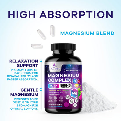Magnesium Complex Supplement - Magnesium 500 mg Per Serving - 4 in 1 High Absorption Blend - 100% Chelated Magnesium Glycinate with Malate, Citrate & Oxide - Vegan Complex - USA Bottled - 60 Capsules - dailyvitalstore
