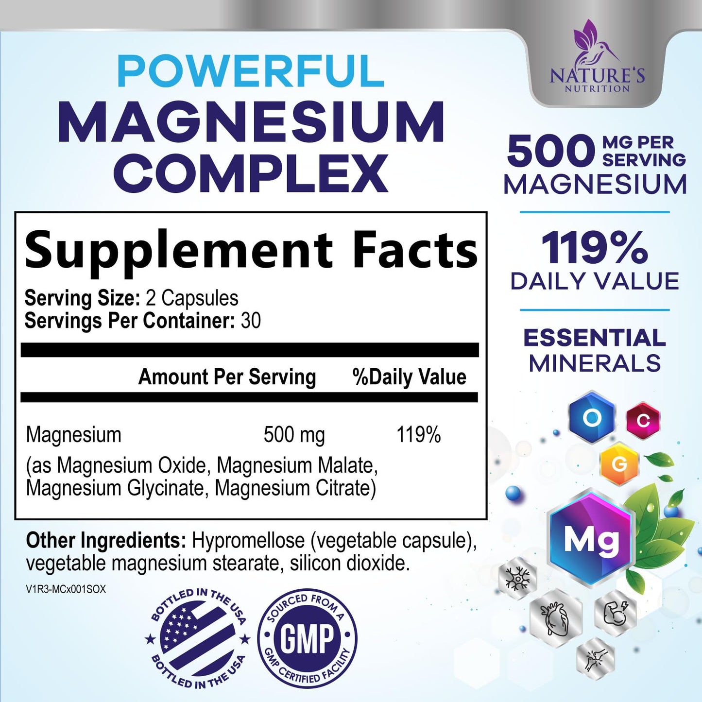 Magnesium Complex Supplement - Magnesium 500 mg Per Serving - 4 in 1 High Absorption Blend - 100% Chelated Magnesium Glycinate with Malate, Citrate & Oxide - Vegan Complex - USA Bottled - 60 Capsules - dailyvitalstore