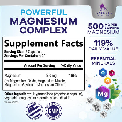 Magnesium Complex Supplement - Magnesium 500 mg Per Serving - 4 in 1 High Absorption Blend - 100% Chelated Magnesium Glycinate with Malate, Citrate & Oxide - Vegan Complex - USA Bottled - 60 Capsules - dailyvitalstore