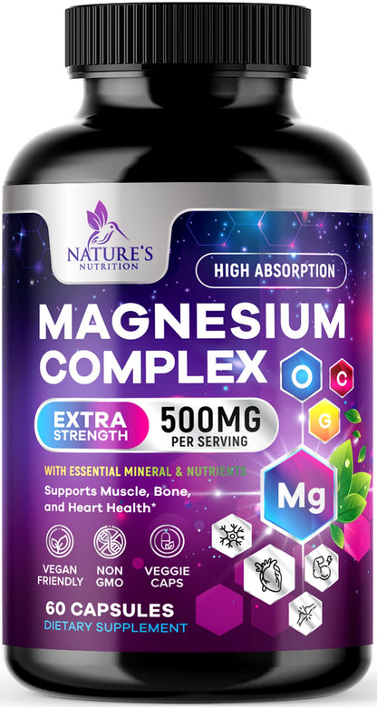 Magnesium Complex Supplement - Magnesium 500 mg Per Serving - 4 in 1 High Absorption Blend - 100% Chelated Magnesium Glycinate with Malate, Citrate & Oxide - Vegan Complex - USA Bottled - 60 Capsules - dailyvitalstore