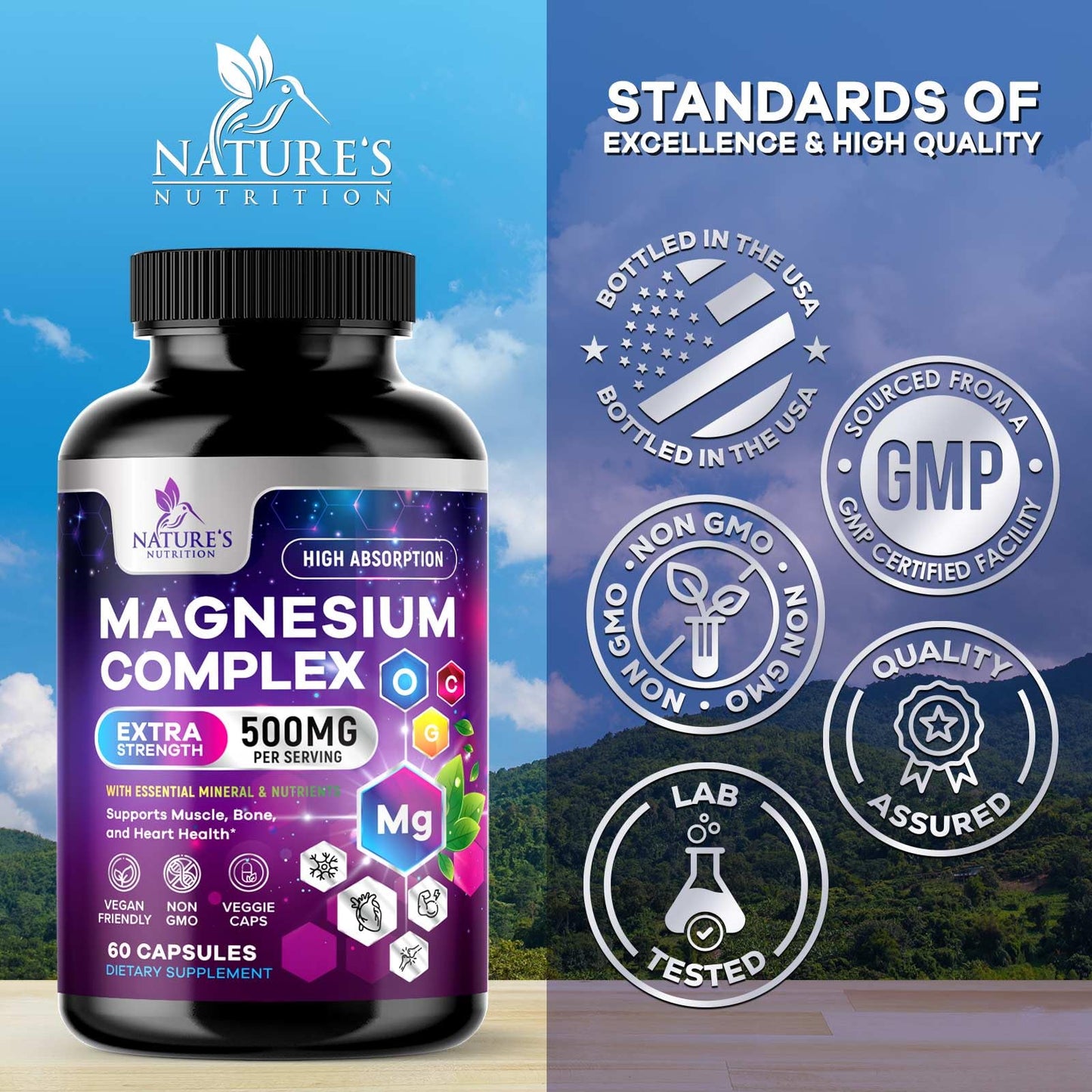 Magnesium Complex Supplement - Magnesium 500 mg Per Serving - 4 in 1 High Absorption Blend - 100% Chelated Magnesium Glycinate with Malate, Citrate & Oxide - Vegan Complex - USA Bottled - 60 Capsules - dailyvitalstore