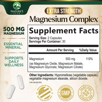 Magnesium Complex Supplement - Magnesium 500mg Per Serving - High Absorption Blend of Glycinate, Citrate, Malate, Oxide - Supports Sleep, Muscle, Bone, Heart Health - Bottled in USA - 60 Capsules - dailyvitalstore
