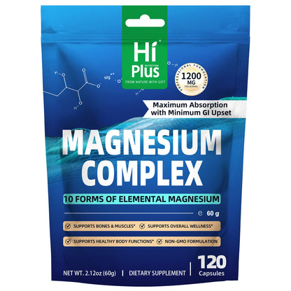 Magnesium Complex Supplement with 10 Forms of Elemental Magnesium, 1200 mg per Serving, Magnesium Glycinate, Citrate, Malate & Taurate, High Absorption Vegan Capsules, Non-GMO - dailyvitalstore