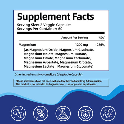 Magnesium Complex Supplement with 10 Forms of Elemental Magnesium, 1200 mg per Serving, Magnesium Glycinate, Citrate, Malate & Taurate, High Absorption Vegan Capsules, Non-GMO - dailyvitalstore