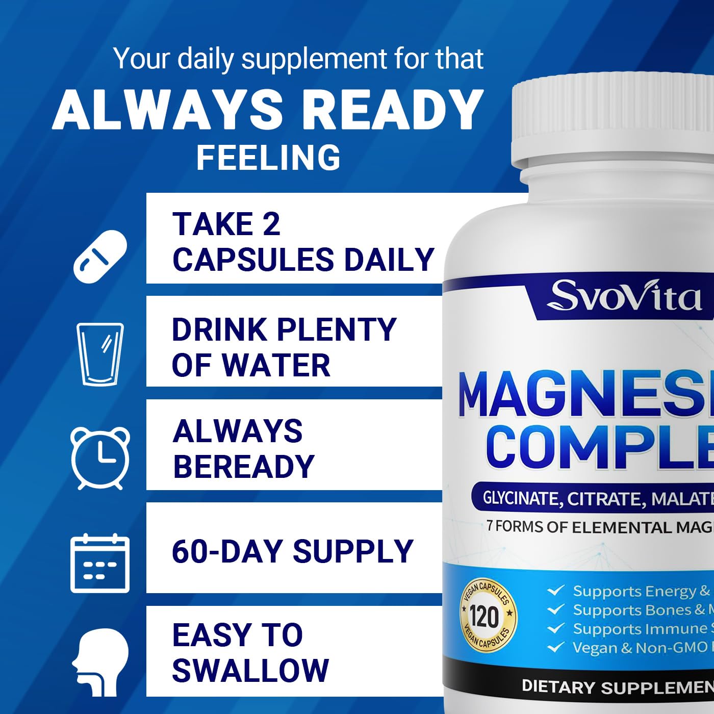 Magnesium Complex Supplement with 7 Forms of Magnesium Glycinate, Malate, Citrate & More, High Absorption for Bones, Muscle, Recovery, Energy, Vegan Non-GMO 120 Capsules - dailyvitalstore
