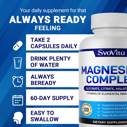 Magnesium Complex Supplement with 7 Forms of Magnesium Glycinate, Malate, Citrate & More, High Absorption for Bones, Muscle, Recovery, Energy, Vegan Non-GMO 120 Capsules - dailyvitalstore
