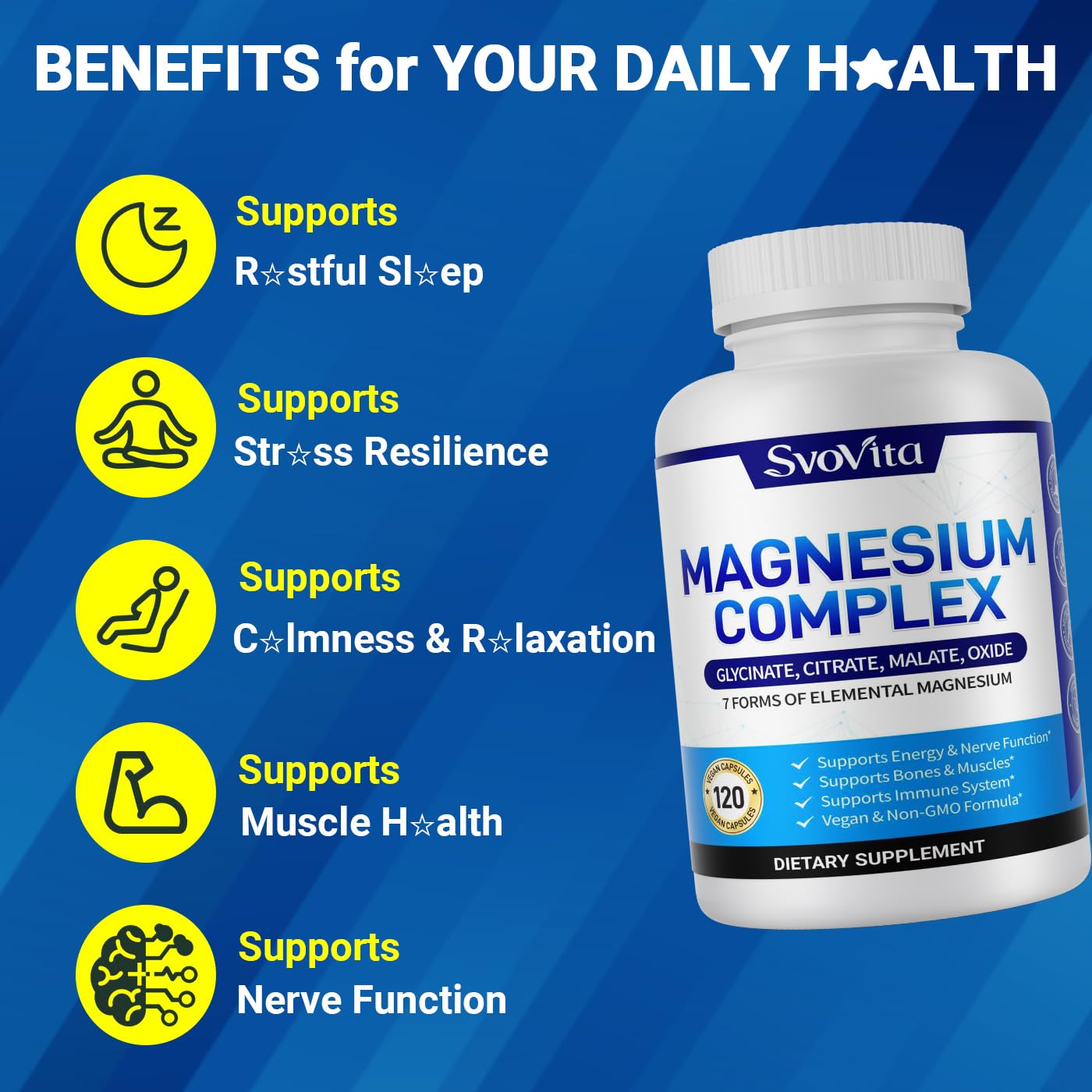 Magnesium Complex Supplement with 7 Forms of Magnesium Glycinate, Malate, Citrate & More, High Absorption for Bones, Muscle, Recovery, Energy, Vegan Non-GMO 120 Capsules - dailyvitalstore